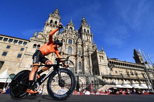 Antonio Jesús Soto Guirao of Spain and Team Euskaltel - Euskadi competes in the Plaza del Obradoiro with the Cathedral in the background during the...