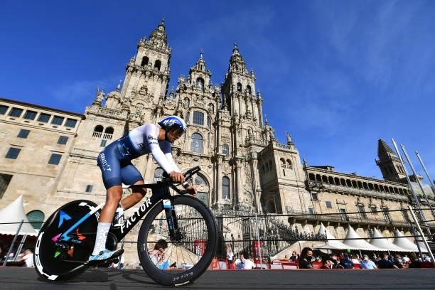 James Piccoli of Canada and Team Israel Start-Up Nation competes in the Plaza del Obradoiro with the Cathedral in the background during the 76th Tour...