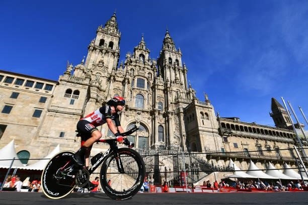 Sylvain Moniquet of Belgium and Team Lotto Soudal competes in the Plaza del Obradoiro with the Cathedral in the background during the 76th Tour of...