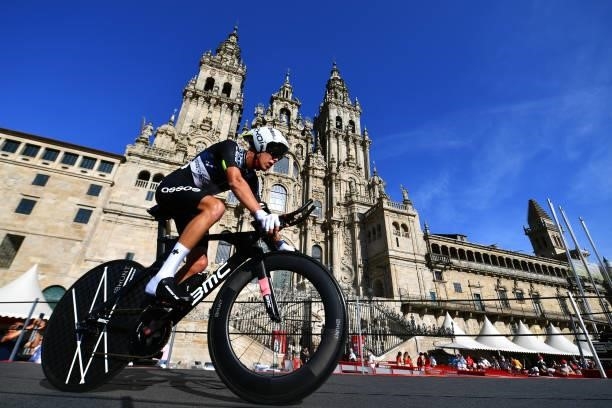 Dylan Sunderland of Australia and Team Qhubeka Nexthash competes in the Plaza del Obradoiro with the Cathedral in the background during the 76th Tour...