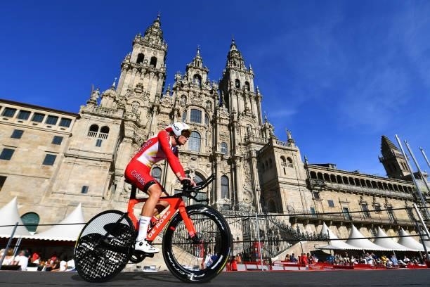 Eddy Finé of France and Team Cofidis competes in the Plaza del Obradoiro with the Cathedral in the background during the 76th Tour of Spain 2021,...