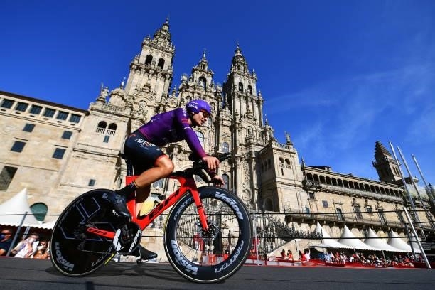 Carlos Canal Blanco of Spain and Team Burgos - BH competes in the Plaza del Obradoiro with the Cathedral in the background during the 76th Tour of...