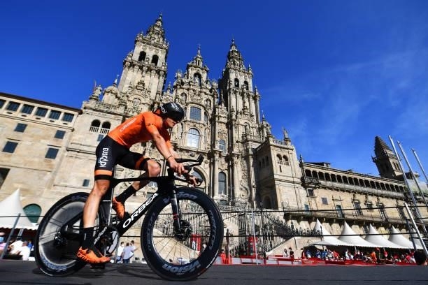 Joan Bou Company of Spain and Team Euskaltel - Euskadi competes in the Plaza del Obradoiro with the Cathedral in the background during the 76th Tour...