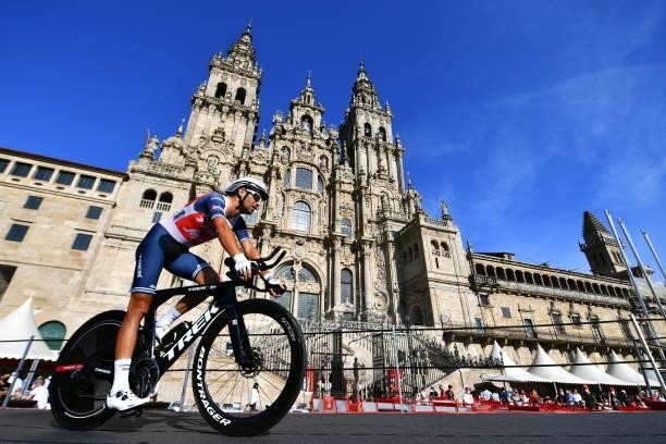 Antonio Nibali of Italy and Team Trek - Segafredo competes in the Plaza del Obradoiro with the Cathedral in the background during the 76th Tour of...