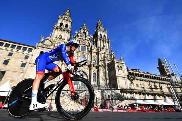 Arnaud Demare of France and Team Groupama - FDJ competes in the Plaza del Obradoiro with the Cathedral in the background during the 76th Tour of...