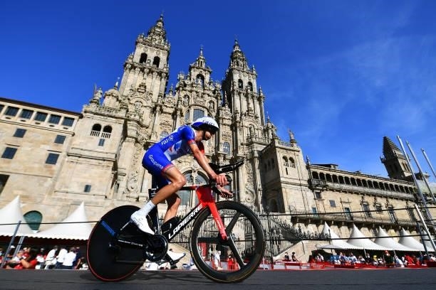 Tobias Ludvigsson of Sweden and Team Groupama - FDJ competes in the Plaza del Obradoiro with the Cathedral in the background during the 76th Tour of...