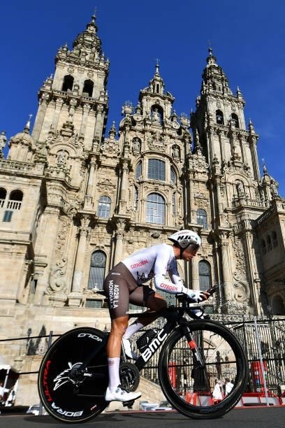 Clément Venturini of France and AG2R Citröen Team competes in the Plaza del Obradoiro with the Cathedral in the background during the 76th Tour of...