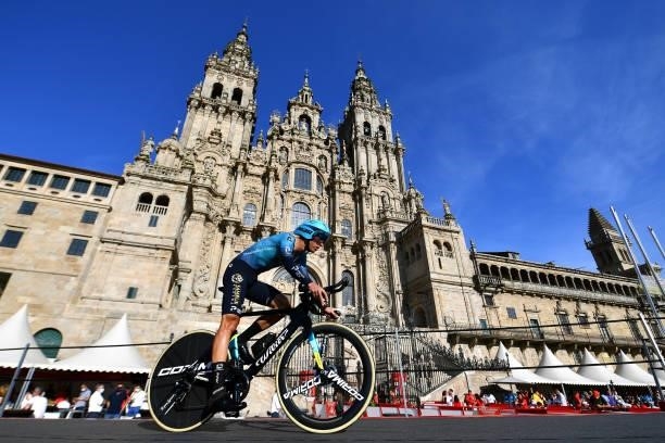 Yuriy Natarov of Kazahkstan and Team Astana – Premier Tech competes in the Plaza del Obradoiro with the Cathedral in the background during the 76th...
