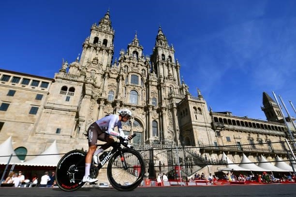 Clément Venturini of France and AG2R Citröen Team competes in the Plaza del Obradoiro with the Cathedral in the background during the 76th Tour of...