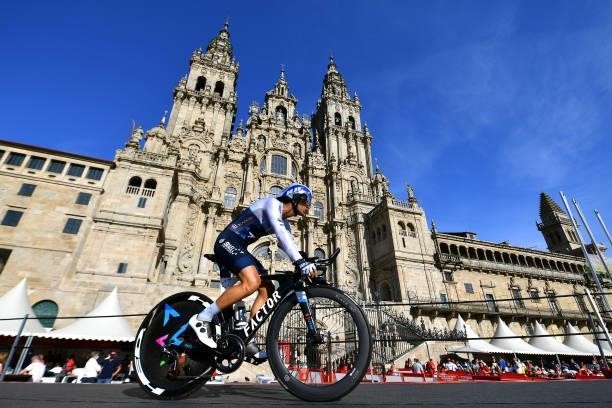 Guy Niv of Israel and Team Israel Start-Up Nation competes in the Plaza del Obradoiro with the Cathedral in the background during the 76th Tour of...