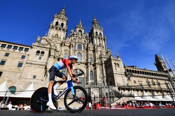 Kevin Geniets of Luxembourg and Team Groupama - FDJ competes in the Plaza del Obradoiro with the Cathedral in the background during the 76th Tour of...