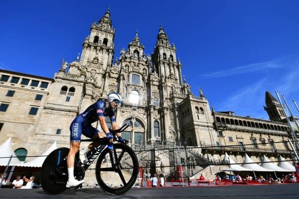 Alexander Krieger of Germany and Team Alpecin-Fenix competes in the Plaza del Obradoiro with the Cathedral in the background during the 76th Tour of...