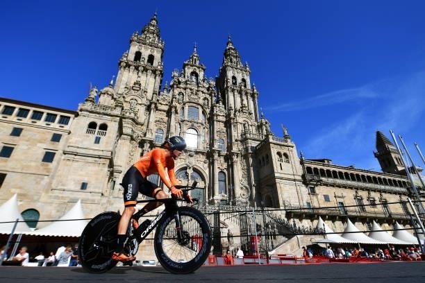 Xavier Mikel Azparren Irurzun of Spain and Team Euskaltel - Euskadi competes in the Plaza del Obradoiro with the Cathedral in the background during...