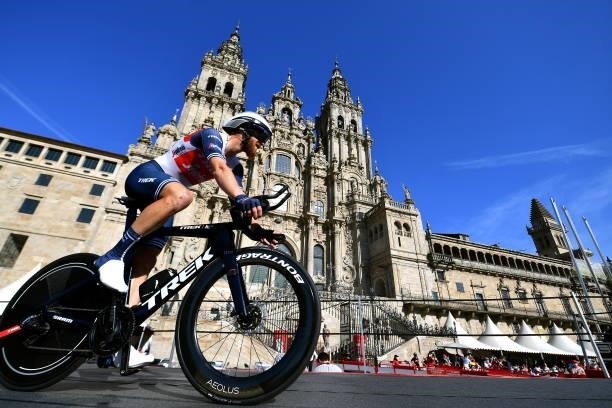 Quinn Simmons of United States and Team Trek - Segafredo competes in the Plaza del Obradoiro with the Cathedral in the background during the 76th...