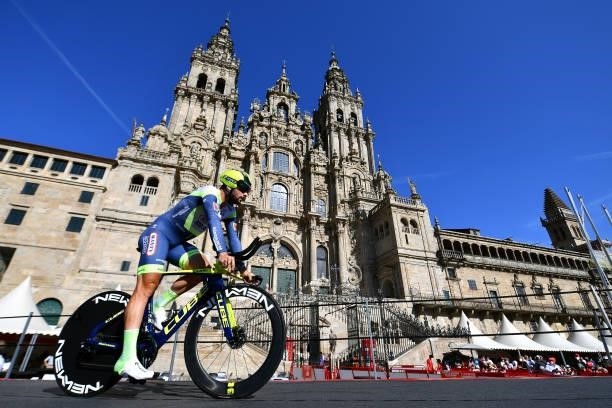 Riccardo Minali of Italy and Team Intermarché - Wanty - Gobert Matériaux competes in the Plaza del Obradoiro with the Cathedral in the background...