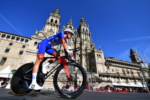 Ramon Sinkeldam of Netherlands and Team Groupama - FDJ competes in the Plaza del Obradoiro with the Cathedral in the background during the 76th Tour...