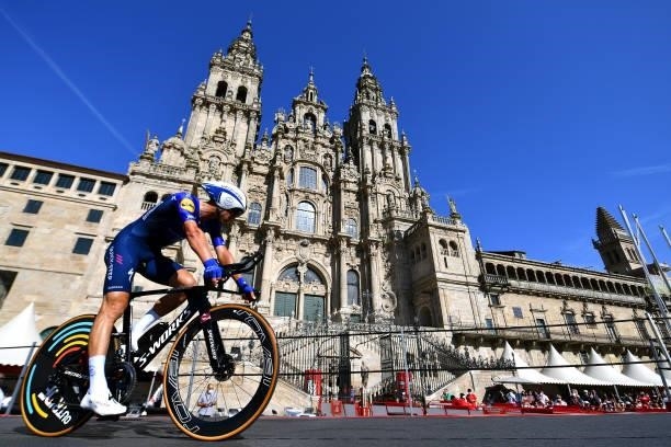 Zdenek Stybar of Czech Republic and Team Deceuninck - Quick-Step competes in the Plaza del Obradoiro with the Cathedral in the background during the...