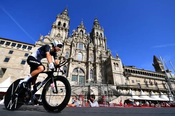 Connor Brown of New Zealand and Team Qhubeka Nexthash competes in the Plaza del Obradoiro with the Cathedral in the background during the 76th Tour...