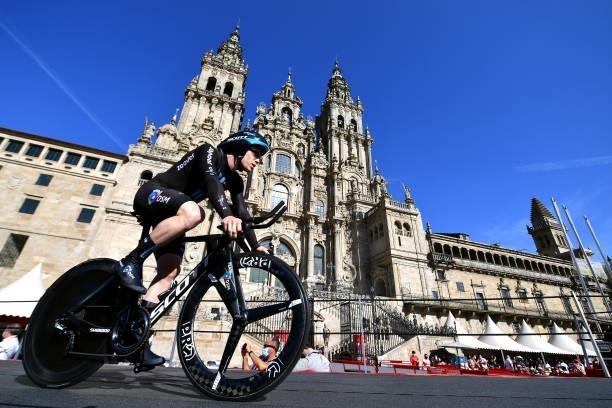 Alberto Dainese of Italy and Team DSM competes in the Plaza del Obradoiro with the Cathedral in the background during the 76th Tour of Spain 2021,...