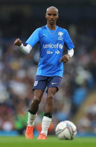 Mo Farah of England prior to the Soccer Aid for Unicef 2021 match between England and Soccer Aid World XI at Etihad Stadium on September 04, 2021 in...