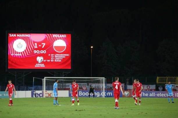 The final score is displayed on the stadium screen in the dyiing minutes of the 2022 FIFA World Cup Qualifier match between San Marino and Poland at...