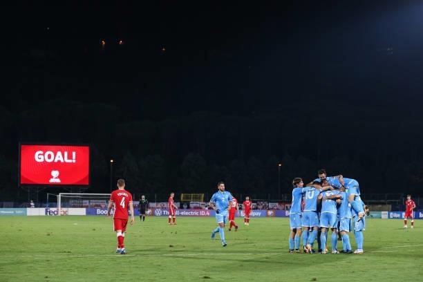 Nicola Nanni of San Marino celebrates with team mates after scoring to reduce the deficit to 4-1 during the 2022 FIFA World Cup Qualifier match...