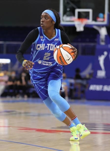 Kahleah Copper of the Chicago Sky moves against the Las Vegas Aces at Wintrust Arena on September 05, 2021 in Chicago, Illinois. The Sky defeated the...