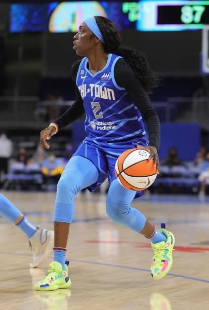 Kahleah Copper of the Chicago Sky moves against the Las Vegas Aces at Wintrust Arena on September 05, 2021 in Chicago, Illinois. The Sky defeated the...