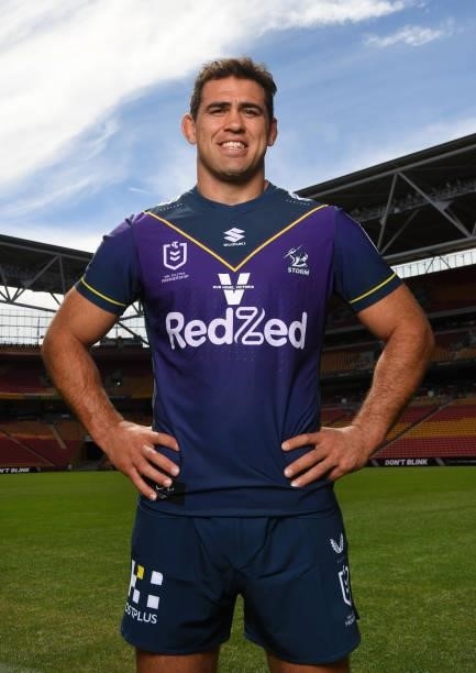 Melbourne Storm captain Dale Finucane poses for photos during the 2021 NRL Finals series launch at Suncorp Stadium on September 06, 2021 in Brisbane,...