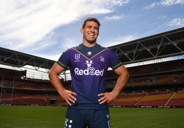 Melbourne Storm captain Dale Finucane poses for photos during the 2021 NRL Finals series launch at Suncorp Stadium on September 06, 2021 in Brisbane,...
