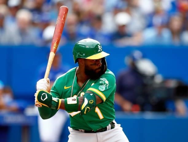 Josh Harrison of the Oakland Athletics bats during a MLB game against the Toronto Blue Jays at Rogers Centre on September 4, 2021 in Toronto,...