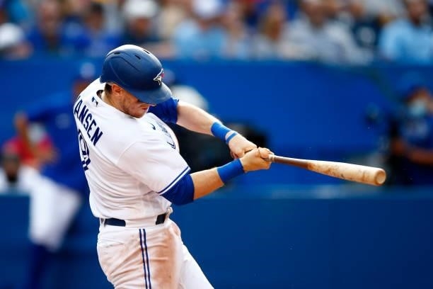 Danny Jansen of the Toronto Blue Jays bats during a MLB game against the Oakland Athletics at Rogers Centre on September 4, 2021 in Toronto, Ontario,...