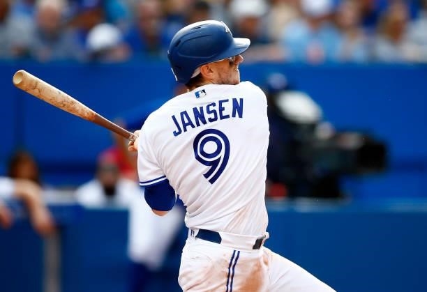 Danny Jansen of the Toronto Blue Jays bats during a MLB game against the Oakland Athletics at Rogers Centre on September 4, 2021 in Toronto, Ontario,...