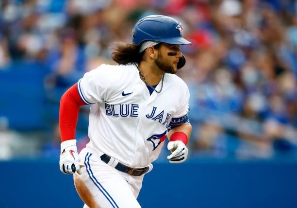 Bo Bichette of the Toronto Blue Jays runs to first base during a MLB game against the Oakland Athletics at Rogers Centre on September 4, 2021 in...