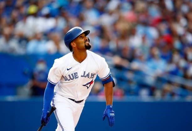 Marcus Semien of the Toronto Blue Jays bats during a MLB game against the Oakland Athletics at Rogers Centre on September 4, 2021 in Toronto,...