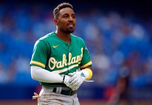 Tony Kemp of the Oakland Athletics reacts after lining out during a MLB game against the Toronto Blue Jays at Rogers Centre on September 4, 2021 in...
