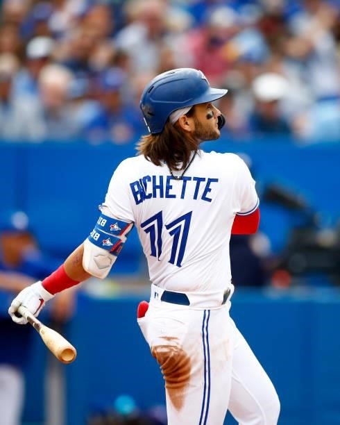 Bo Bichette of the Toronto Blue Jays bats during a MLB game against the Oakland Athletics at Rogers Centre on September 4, 2021 in Toronto, Ontario,...