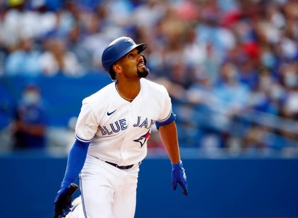 Marcus Semien of the Toronto Blue Jays bats during a MLB game against the Oakland Athletics at Rogers Centre on September 4, 2021 in Toronto,...