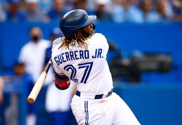 Vladimir Guerrero Jr. #27 of the Toronto Blue Jays bats during a MLB game against the Oakland Athletics at Rogers Centre on September 4, 2021 in...