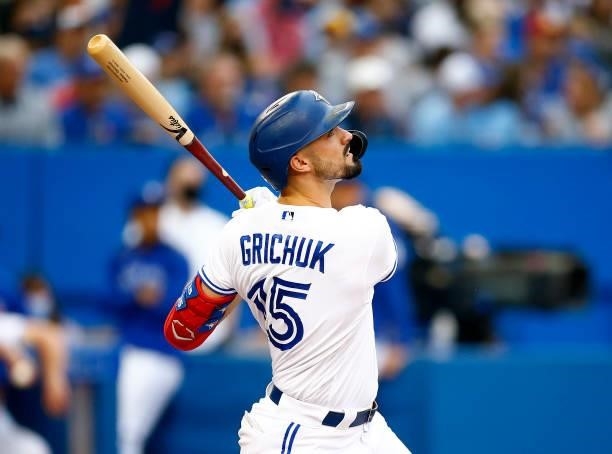 Randal Grichuk of the Toronto Blue Jays bats during a MLB game against the Oakland Athletics at Rogers Centre on September 4, 2021 in Toronto,...
