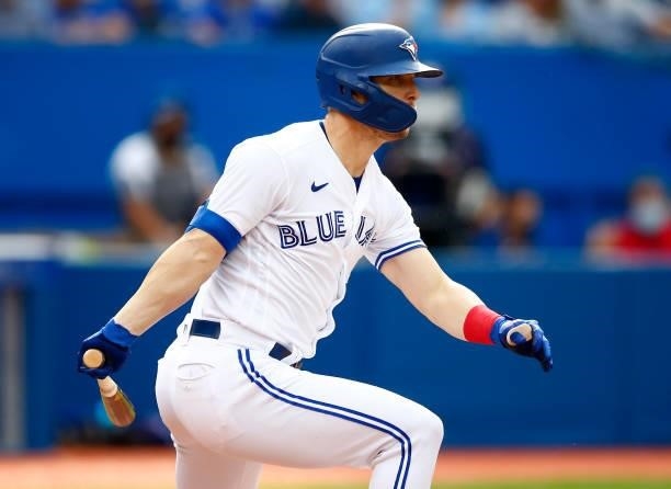 Corey Dickerson of the Toronto Blue Jays bats during a MLB game against the Oakland Athletics at Rogers Centre on September 4, 2021 in Toronto,...