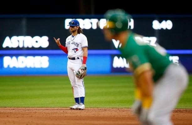 Bo Bichette of the Toronto Blue Jays signals to the dugout during a MLB game against the Oakland Athletics at Rogers Centre on September 4, 2021 in...