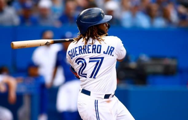 Vladimir Guerrero Jr. #27 of the Toronto Blue Jays bats during a MLB game against the Oakland Athletics at Rogers Centre on September 4, 2021 in...