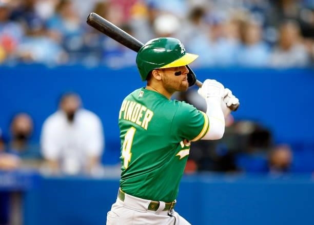 Chad Pinder of the Oakland Athletics bats during a MLB game against the Toronto Blue Jays at Rogers Centre on September 4, 2021 in Toronto, Ontario,...
