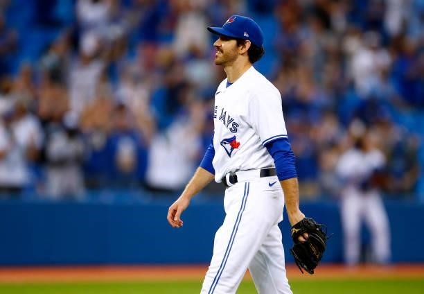 Jordan Romano of the Toronto Blue Jays celebrates the win following a MLB game against the Oakland Athletics at Rogers Centre on September 4, 2021 in...