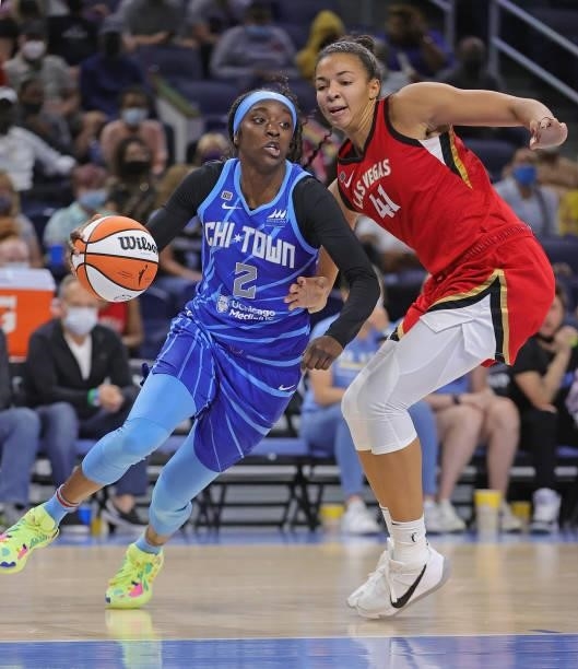Kahleah Copper of the Chicago Sky drives around Kiah Stokes of the Las Vegas Aces at Wintrust Arena on September 05, 2021 in Chicago, Illinois. The...