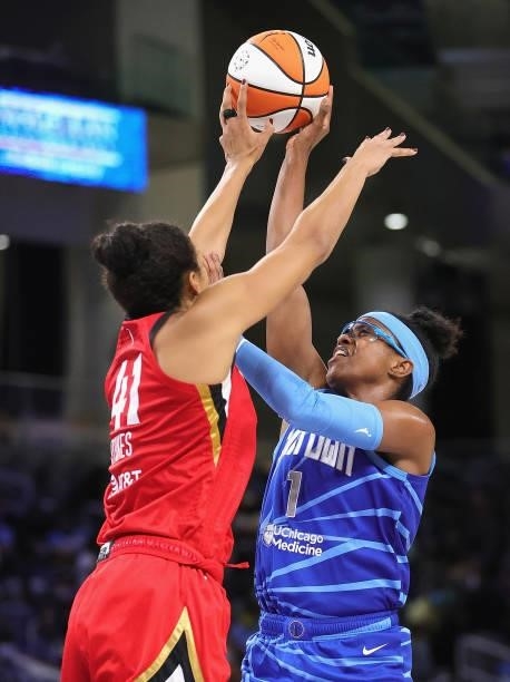 Kiah Stokes of the Las Vegas Aces blocks a shot by Diamond DeShields of the Chicago Sky at Wintrust Arena on September 05, 2021 in Chicago, Illinois....