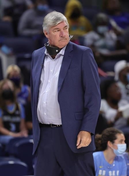 Head coach Bill Laimbeer of the Las Vegas Aces watches as his team takes on the Chicago Sky at Wintrust Arena on September 05, 2021 in Chicago,...