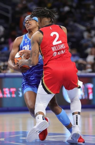 Riquna Williams of the Las Vegas Aces forces a jump ball against Diamond DeShields of the Chicago Sky at Wintrust Arena on September 05, 2021 in...