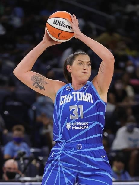 Stefanie Dolson of the Chicago Sky looks to pass against the Las Vegas Aces at Wintrust Arena on September 05, 2021 in Chicago, Illinois. The Sky...